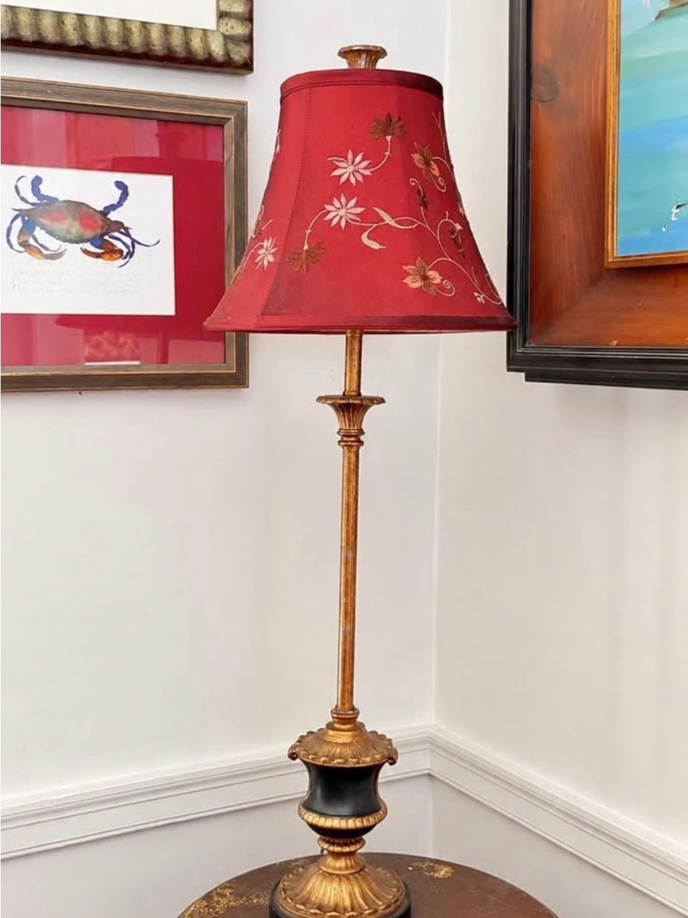 Vintage Hollywood Regency Tall Buffet Lamp Brass Gold Red